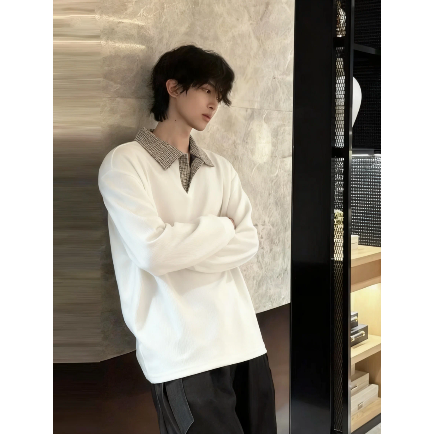 美式复古千鸟格翻领卫衣男