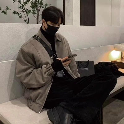 麂皮绒外套男秋冬季加厚保暖夹棉