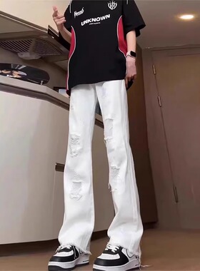 破洞毛边微喇牛仔裤男款夏季美式vibe风休闲裤子修身显瘦乞丐长裤