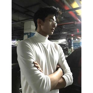 白色半高领德绒打底衫男款秋冬加绒加厚内搭上衣痞帅保暖中领卫衣