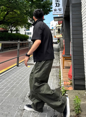 美式复古军绿色弯刀工装裤男款秋季水洗纯棉裤子阔腿直筒休闲长裤