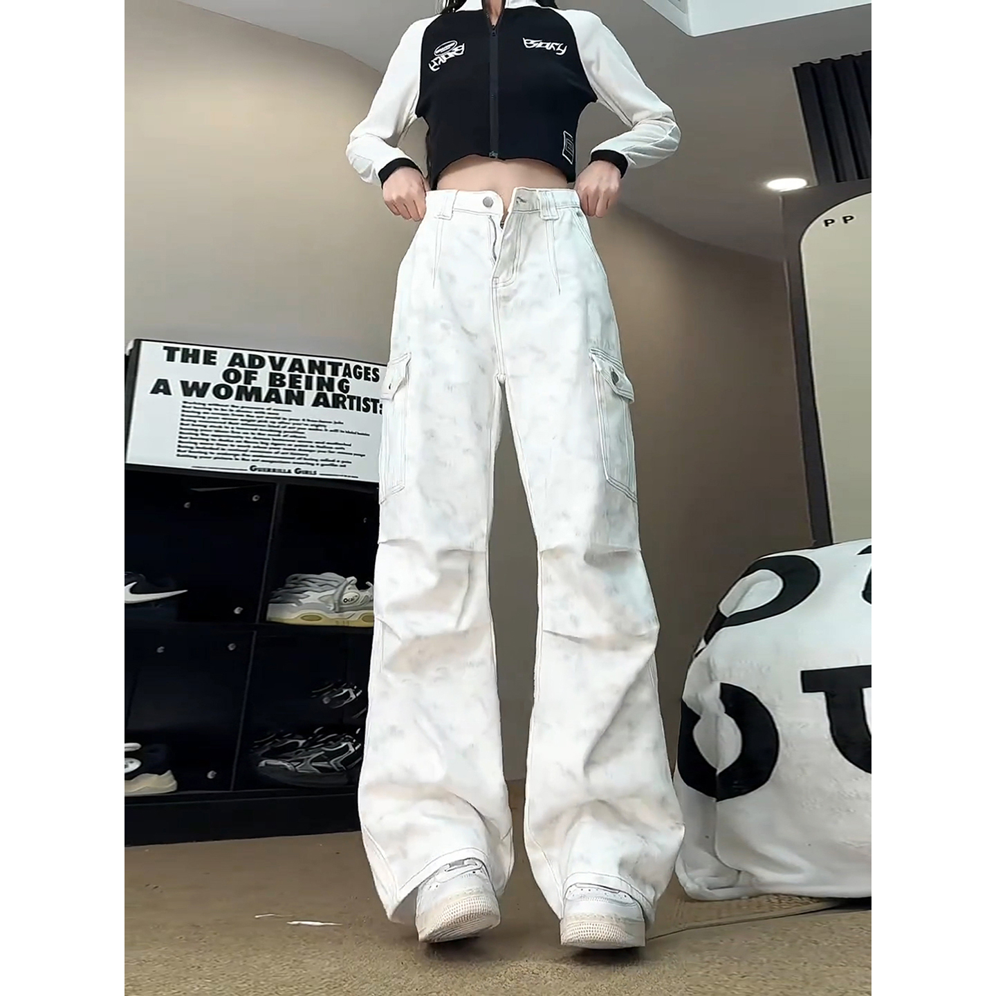 美式高街大口袋褶皱扎染牛仔裤