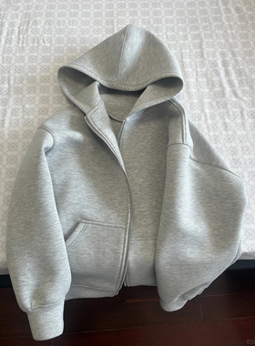 cleanfit浅灰色卫衣男款秋季美式重磅开衫外套复古boxy短宽连帽衫