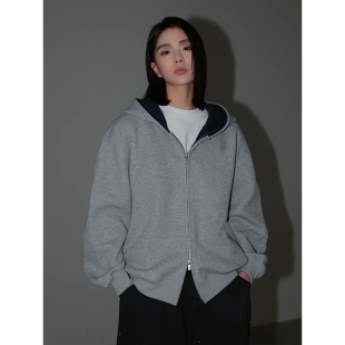 双拉链廓形连帽衫 美式 卫衣男秋季 型开衫 重磅硬挺外套 空气层boxy版