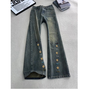 复古蓝排扣刺绣弯刀牛仔裤男春季vibe裤子cleanfit美式高街微喇裤