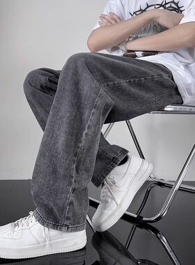 黑灰色男款秋季牛仔裤港风cec宽松阔腿裤潮牌复古直筒休闲长裤子