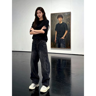 黑色斜切弯刀牛仔裤男款冬季水洗做旧美式vibe裤子宽松直筒工装裤