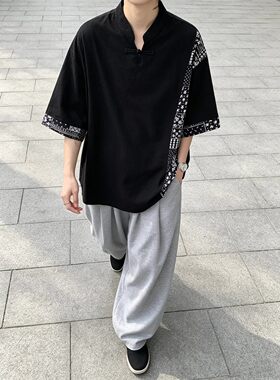 新中式盘扣棉麻立领大码男T恤