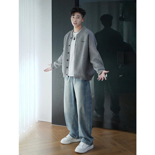 复古蓝松紧腰牛仔裤男冬季美式痞帅高级感加绒裤子直筒宽松阔腿裤