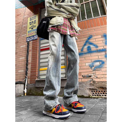 高街微喇渐变vibe风解构长牛仔裤