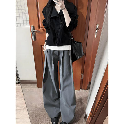 夏季高街灰色褶皱男A字西裤