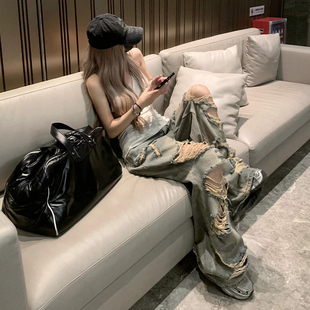 美式复古破洞牛仔裤女夏薄款ootd穿搭辣妹高腰裤子宽松阔腿乞丐裤