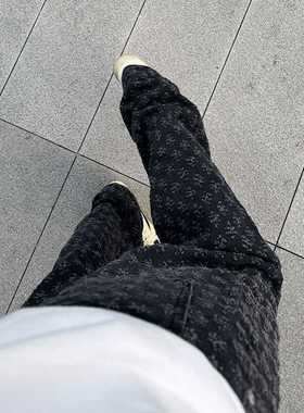 黑色提花满印微喇牛仔裤男欧美高街vibe直筒宽松窄版休闲阔腿裤子