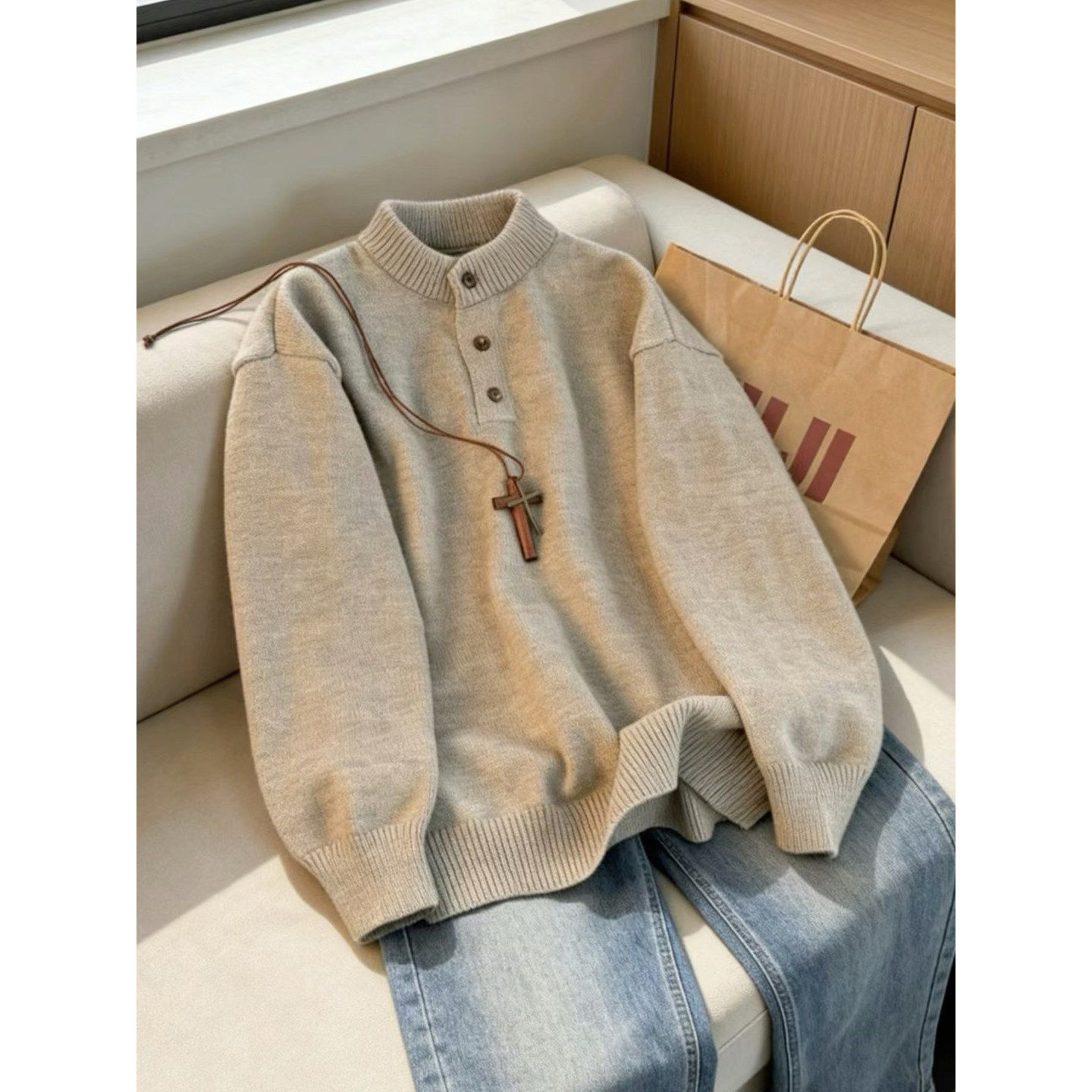 浅灰色美式亨利领毛衣男款冬季潮牌内搭加厚打底衫慵懒风针织外套