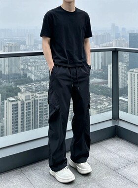 深灰色速干工装裤子男夏季薄款冰丝褶皱伞兵冲锋裤休闲户外登山裤
