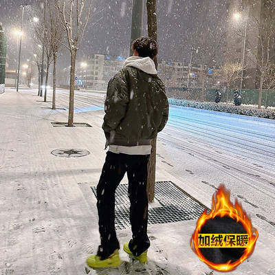 美式vibe加绒黑色牛仔裤