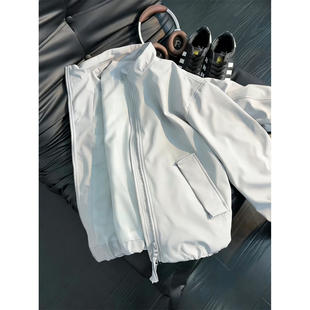 浅灰色立领飞行员夹克男款春秋廓形短款正肩外套美式bomber棒球服