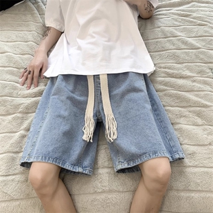 港风ins复古织带牛仔短裤 男夏季 薄款 宽松休闲潮流百搭学生五分裤