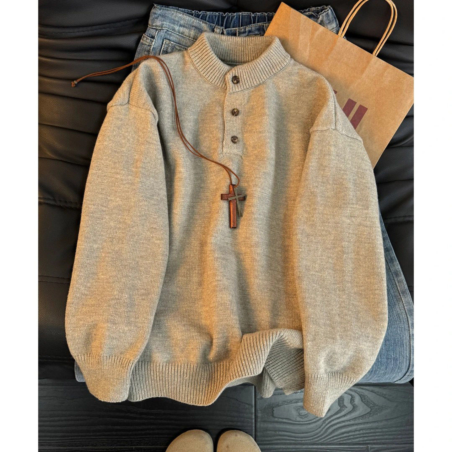 老钱风亨利领加厚毛衣男冬季慵懒松弛感针织衫cleanfit内搭打底衫,男装,针织衫/毛衣,淘宝优惠券,粉丝福利购,淘宝优惠卷