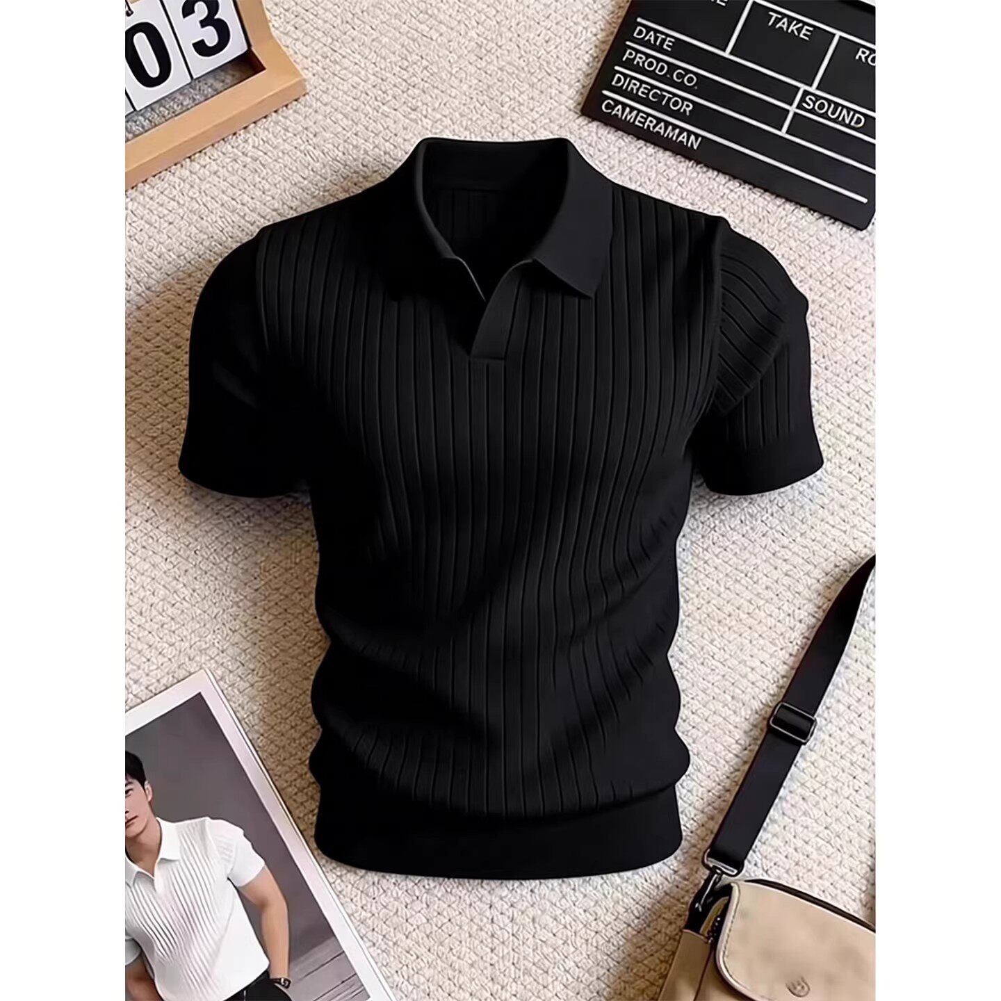 黑色海鸥领针织短袖POLO衫男夏季复古老钱风v领t恤高级感修身半袖