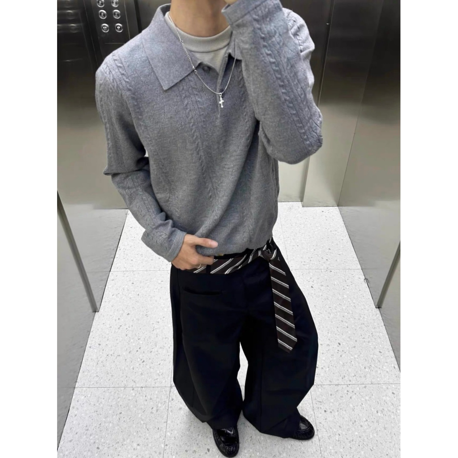 麦穗纹翻领polo衫针织毛衣男款秋季内搭打底衫cleanfit老钱风上衣