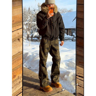 美式复古加绒微喇迷彩裤男秋冬显高显瘦高直筒牛仔裤街痞帅弯刀裤