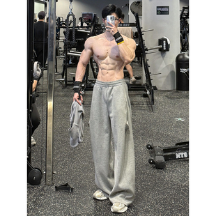 灰色美式健身运动卫裤男款秋冬解构阔腿休闲长裤重磅垂感弯刀裤子