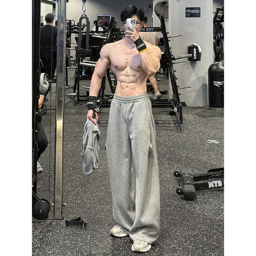 灰色美式重磅垂感阔腿卫裤男款