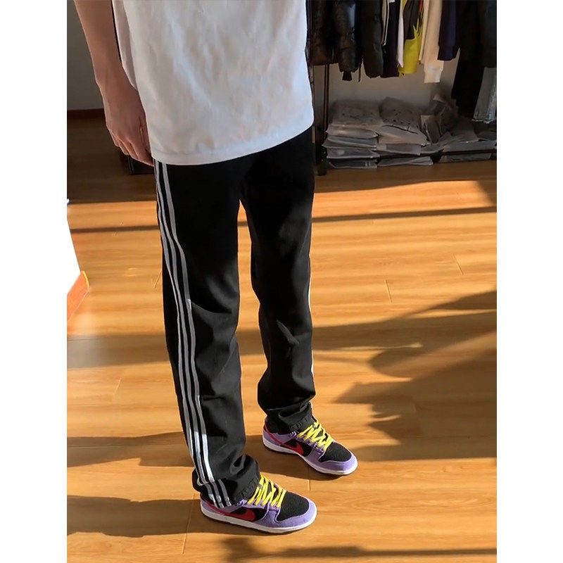 美式三条杠条纹直筒运动卫裤男图片