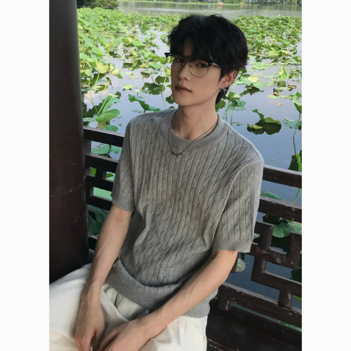 老钱风麻花纹针织短袖T恤男透气