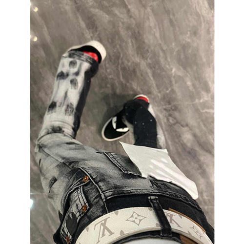 网红美式高街pu泼墨喷漆牛仔裤