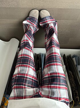vintage红色格子裤男夏美式复古休闲运动裤子cleanfit直筒微喇裤