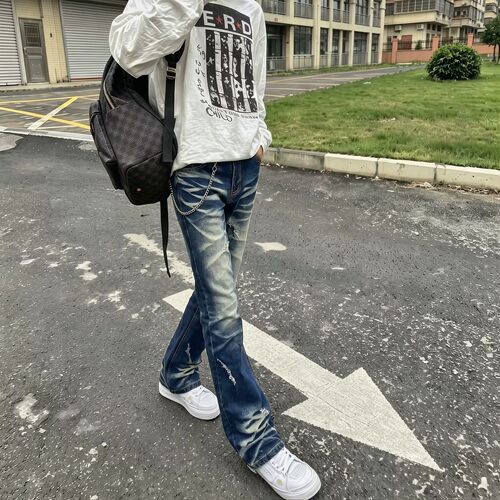 美式银线牛蓝猫须517做旧牛仔裤