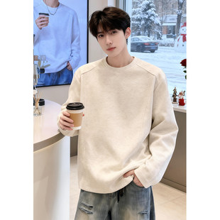 白花灰美式重磅卫衣男款秋冬加绒加厚解构正肩长袖T恤内搭打底衫