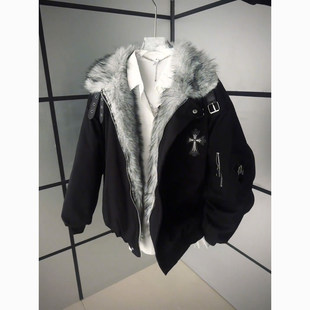 黑色十字架座山雕棉服男款冬季美式复古毛领棉衣加厚保暖棉袄外套