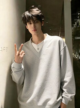灰色v领假两件卫衣男春季高级感痞帅内搭上衣cleanfit无帽长袖t恤