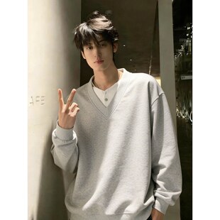 灰色v领假两件卫衣男春季高级感痞帅内搭上衣cleanfit无帽长袖t恤