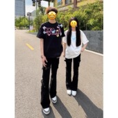 牛仔裤 子修身 男夏季 多口袋绑带工装 美式 高街vibe裤 显瘦微喇直筒裤