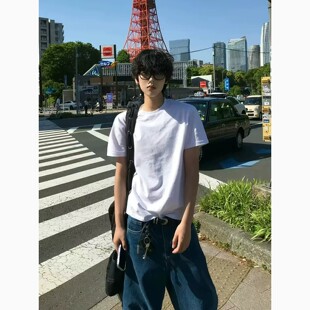 少年感纯棉白色短袖男款夏季boxy版型正肩t恤小领口重磅半袖上衣