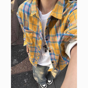 黄色格子磨毛长袖衬衫男款春秋韩系氛围感衬衣美式复古学院风外套