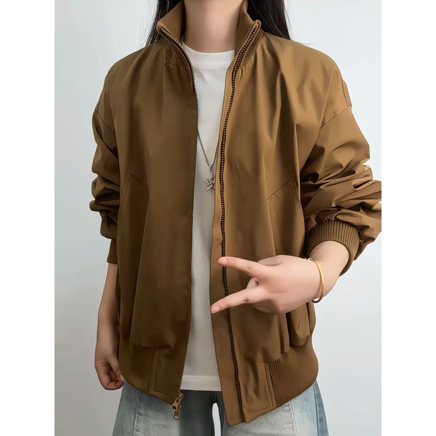 cleanfit棕色美式飞行夹克男春秋廓形立领棒球服美式痞帅短款外套,男装,夹克,淘宝优惠券,粉丝福利购,淘宝优惠卷