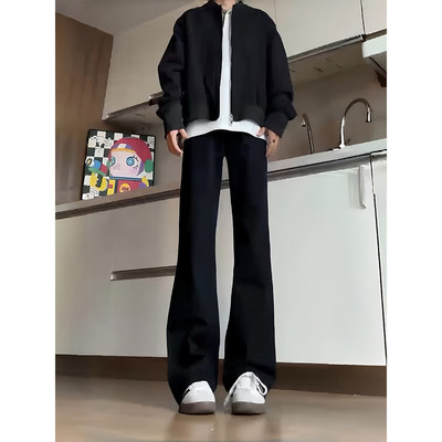 冬季加绒高腰显瘦微喇牛仔裤男