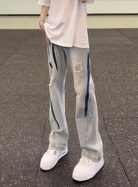 美式高街破洞牛仔裤男夏季