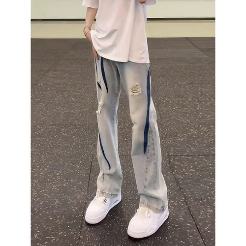 美式高街破洞牛仔裤男夏季
