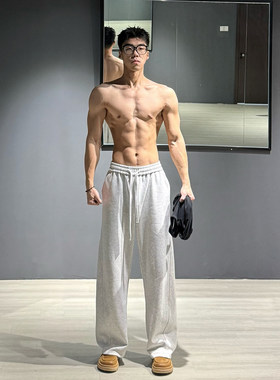 白灰色美式健身运动裤子男款春季垂感弯刀卫裤直筒训练休闲长裤