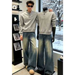 复古蓝阔腿直筒牛仔裤男秋冬美式高街vibe加绒裤子宽松弯刀微喇裤