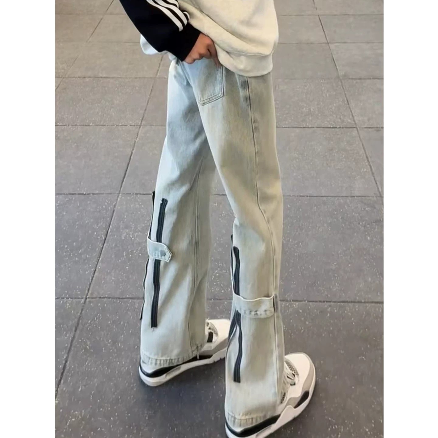 夏季美式复古排扣微喇牛仔裤男图片