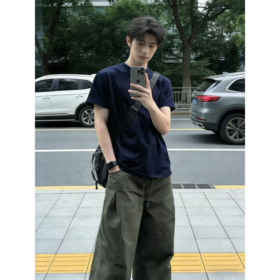 藏青重磅纯棉复古正肩短袖T恤男