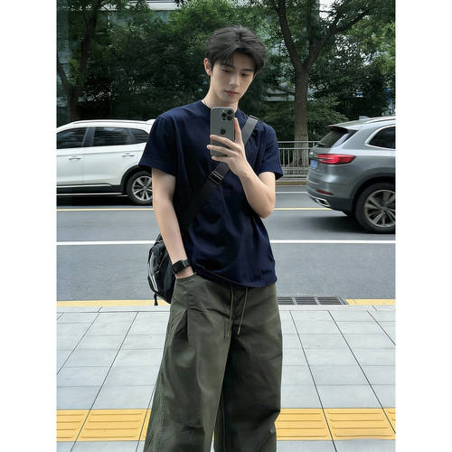 藏青重磅纯棉复古正肩短袖T恤男