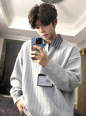 白灰色假两件卫衣男生秋冬加绒内搭上衣cleanfit千鸟格长袖polo衫